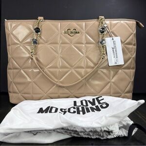 Moschino Love Faux Quilted Leather Zip Top Closure Gold Tone Shoulder Bag Tote